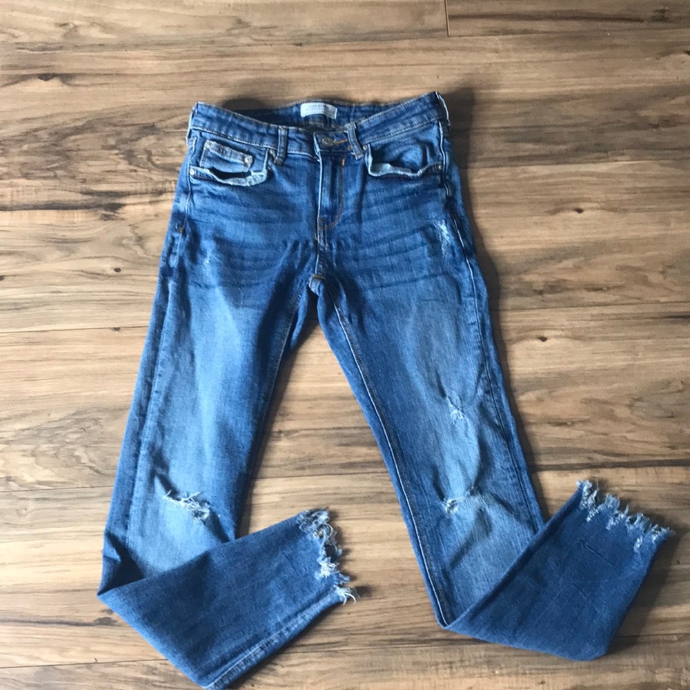 Zara blue denim jean skinny distressed frayed size 2